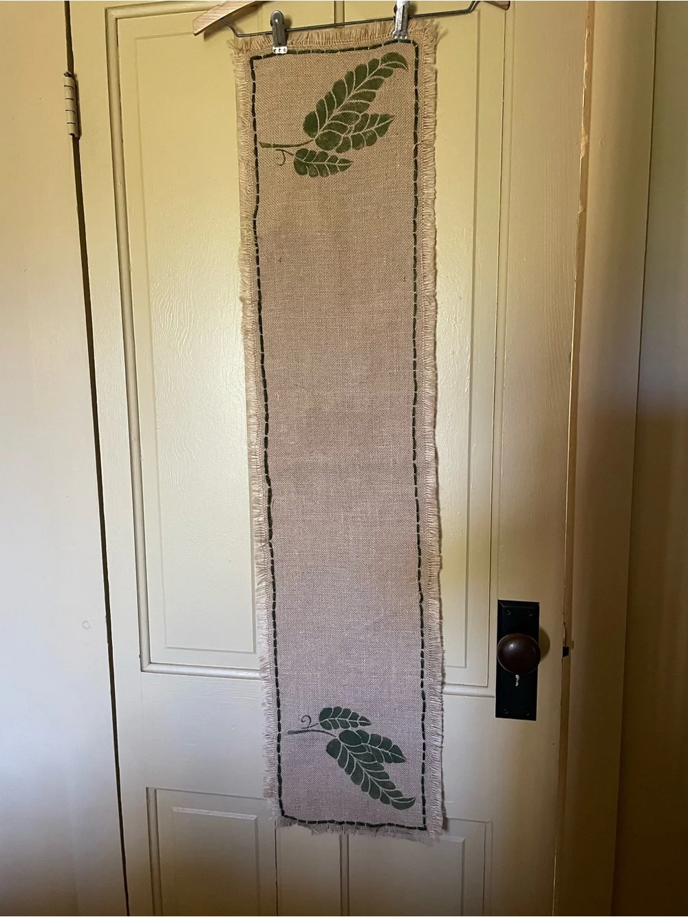 Burlap Runner with Green Leaf Motif